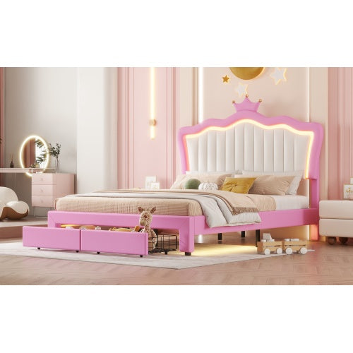 Full-Size Upholstered Bed with LED Lights – Princess Crown Headboard & 2 Drawers