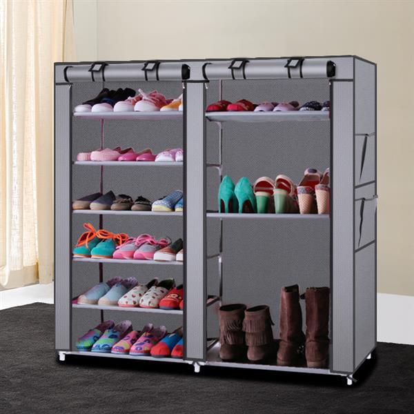 6-Story Double Row 12-Grid Non-Woven Fabric Shoe Cabinet – Gray, Space-Saving Organizer