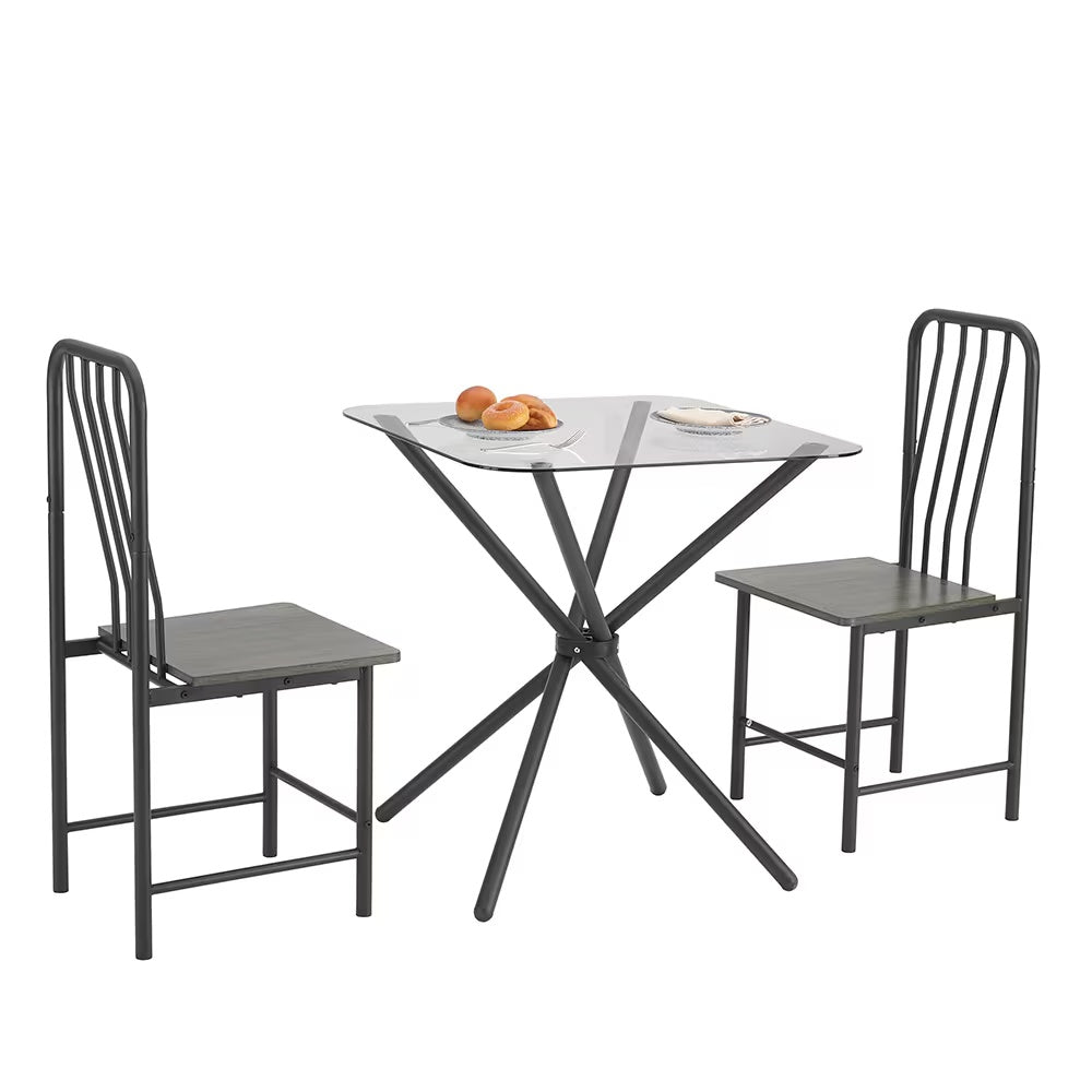 2-Seater Dining Set – Square Tempered Glass Table with 2 Metal Chairs (Black & Brown)