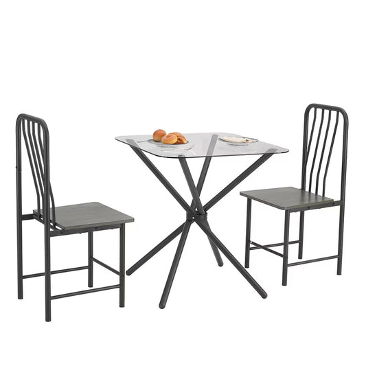 2-Seater Dining Set – Square Tempered Glass Table with 2 Metal Chairs (Black & Brown)