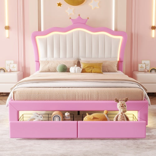 Full-Size Upholstered Bed with LED Lights – Princess Crown Headboard & 2 Drawers