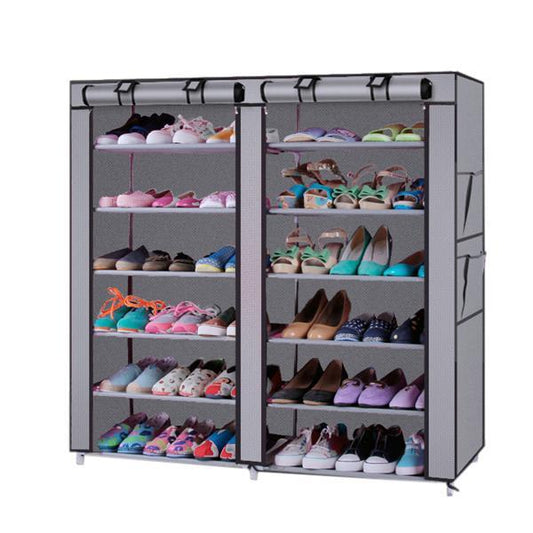 6-Story Double Row 12-Grid Non-Woven Fabric Shoe Cabinet – Gray, Space-Saving Organizer