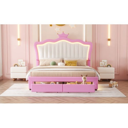 Full-Size Upholstered Bed with LED Lights – Princess Crown Headboard & 2 Drawers