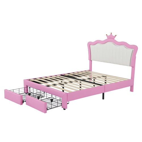 Full-Size Upholstered Bed with LED Lights – Princess Crown Headboard & 2 Drawers
