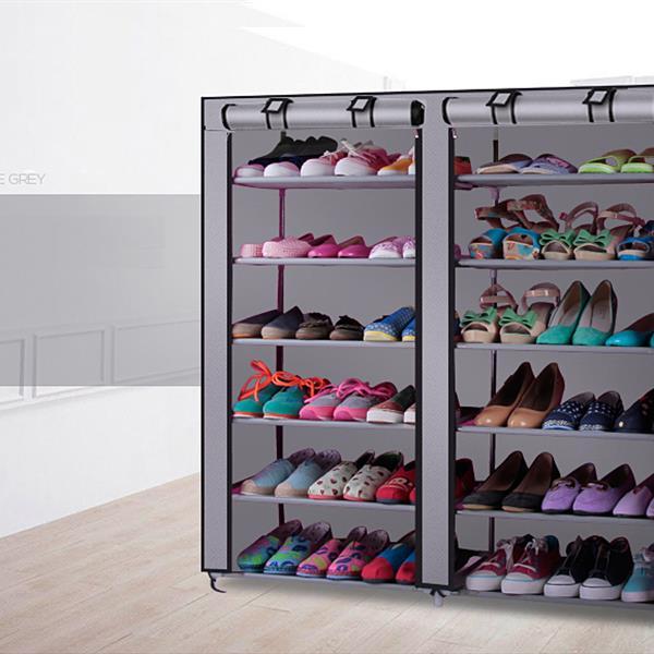 6-Story Double Row 12-Grid Non-Woven Fabric Shoe Cabinet – Gray, Space-Saving Organizer