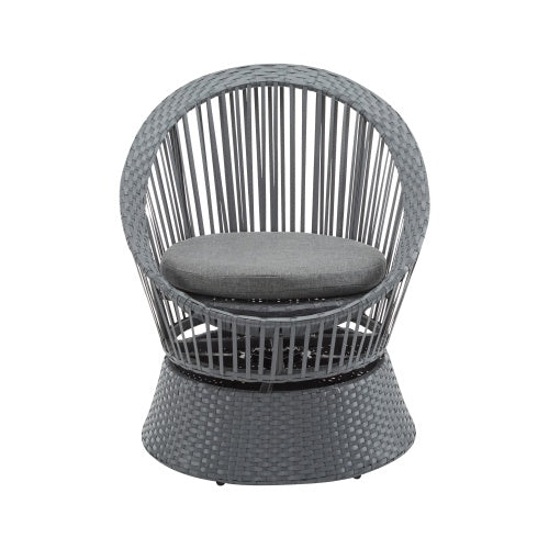 Modern Gray Wicker Lounge Chair – Round Rattan & Iron Frame for Living Room, Patio, or Balcony