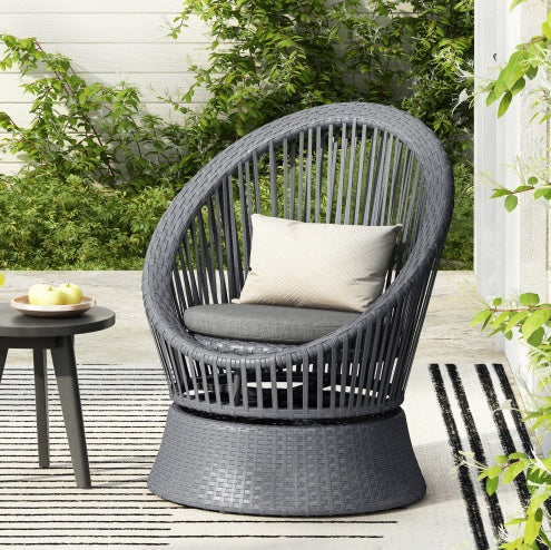 Modern Gray Wicker Lounge Chair – Round Rattan & Iron Frame for Living Room, Patio, or Balcony