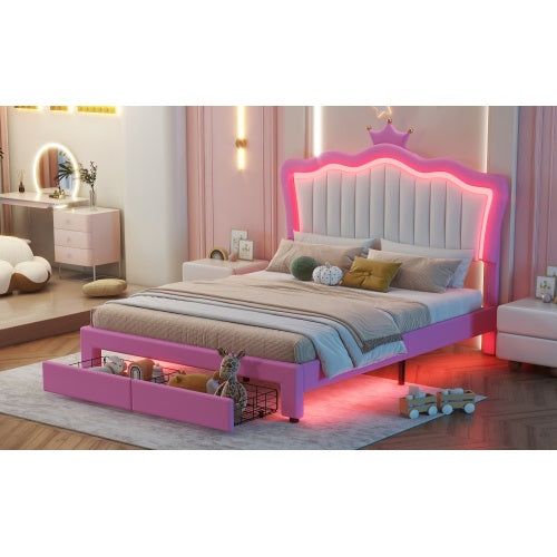 Full-Size Upholstered Bed with LED Lights – Princess Crown Headboard & 2 Drawers