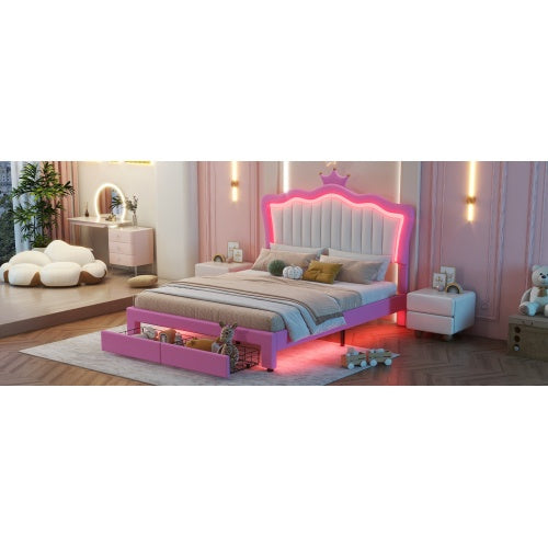 Full-Size Upholstered Bed with LED Lights – Princess Crown Headboard & 2 Drawers