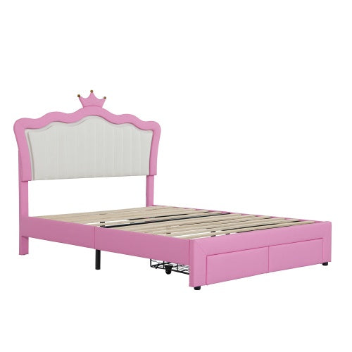 Full-Size Upholstered Bed with LED Lights – Princess Crown Headboard & 2 Drawers