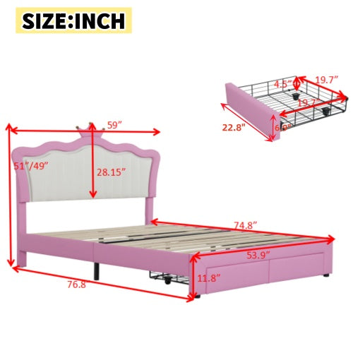 Full-Size Upholstered Bed with LED Lights – Princess Crown Headboard & 2 Drawers