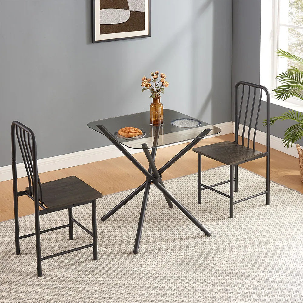 2-Seater Dining Set – Square Tempered Glass Table with 2 Metal Chairs (Black & Brown)