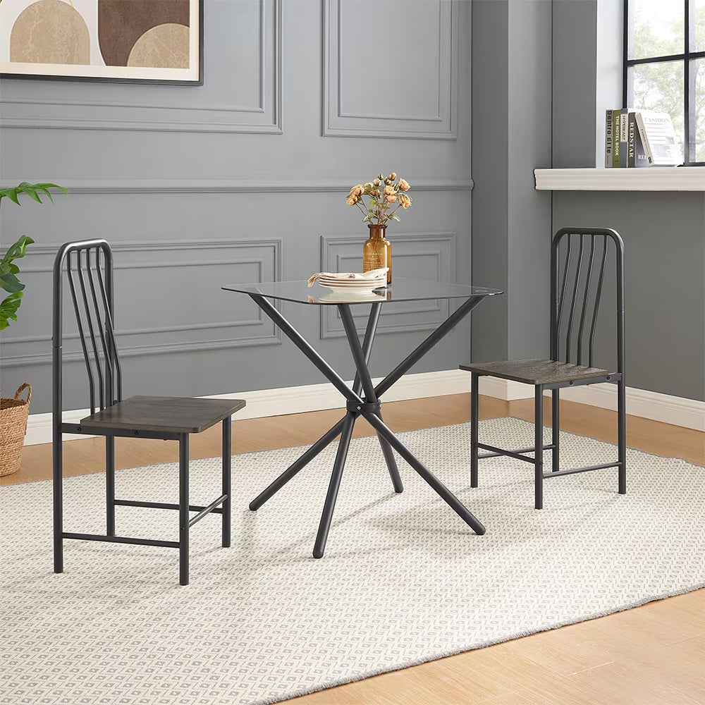 2-Seater Dining Set – Square Tempered Glass Table with 2 Metal Chairs (Black & Brown)