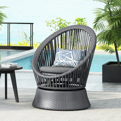 Modern Gray Wicker Lounge Chair – Round Rattan & Iron Frame for Living Room, Patio, or Balcony