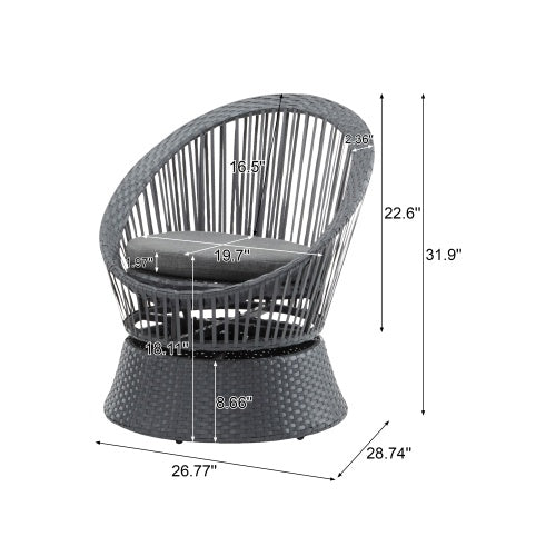 Modern Gray Wicker Lounge Chair – Round Rattan & Iron Frame for Living Room, Patio, or Balcony