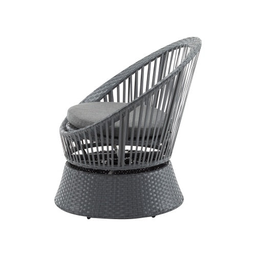 Modern Gray Wicker Lounge Chair – Round Rattan & Iron Frame for Living Room, Patio, or Balcony