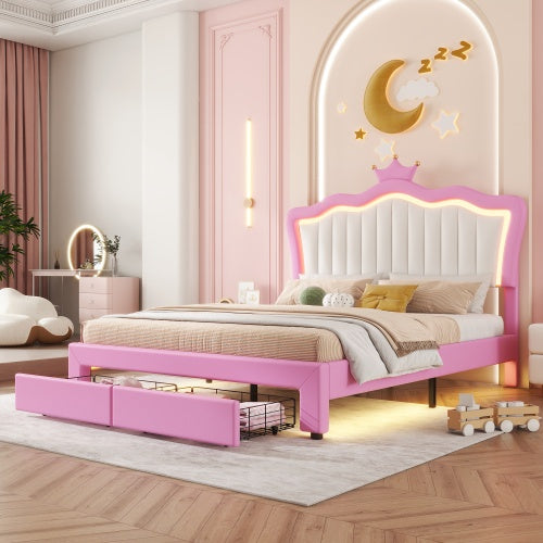 Full-Size Upholstered Bed with LED Lights – Princess Crown Headboard & 2 Drawers