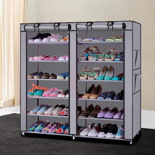 6-Story Double Row 12-Grid Non-Woven Fabric Shoe Cabinet – Gray, Space-Saving Organizer