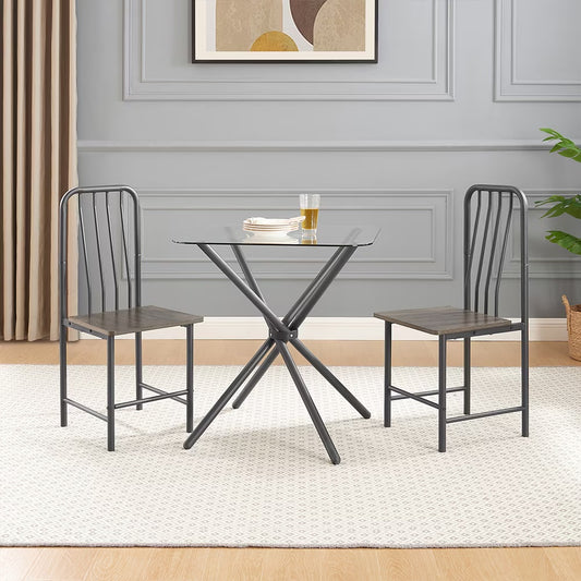 2-Seater Dining Set – Square Tempered Glass Table with 2 Metal Chairs (Black & Brown)
