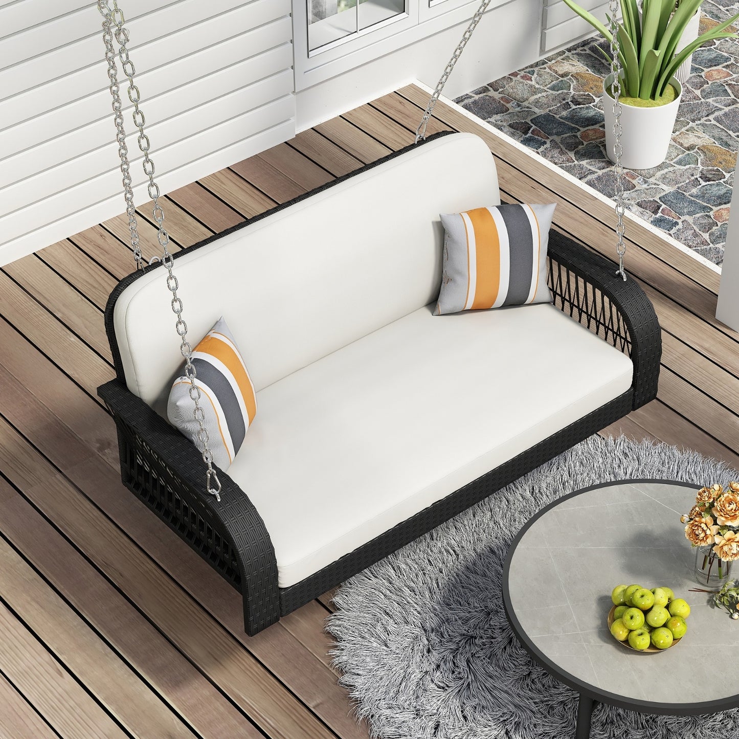 2-Seater Wicker Porch Swing with Chains – Hanging Patio Bench for Outdoor Garden & Balcony