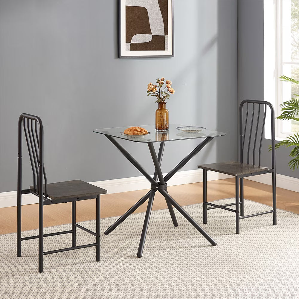 2-Seater Dining Set – Square Tempered Glass Table with 2 Metal Chairs (Black & Brown)